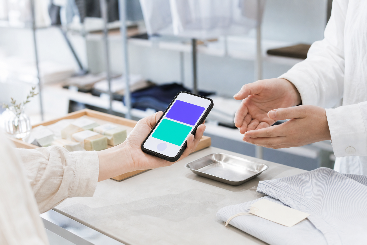 店頭でスマートフォンの会員証・クーポン画面を店員に提示するお客様の手元