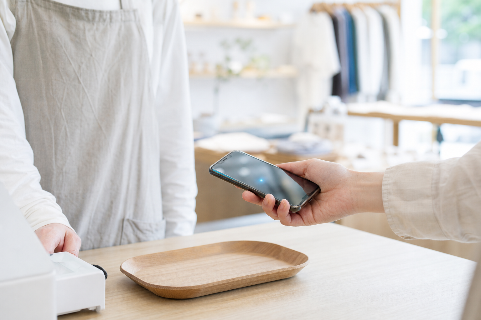 店頭でLINEミニアプリの会員証をスマホで提示する様子