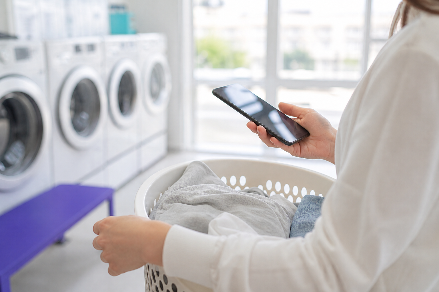 コインランドリー店内でスマートフォンを操作する様子